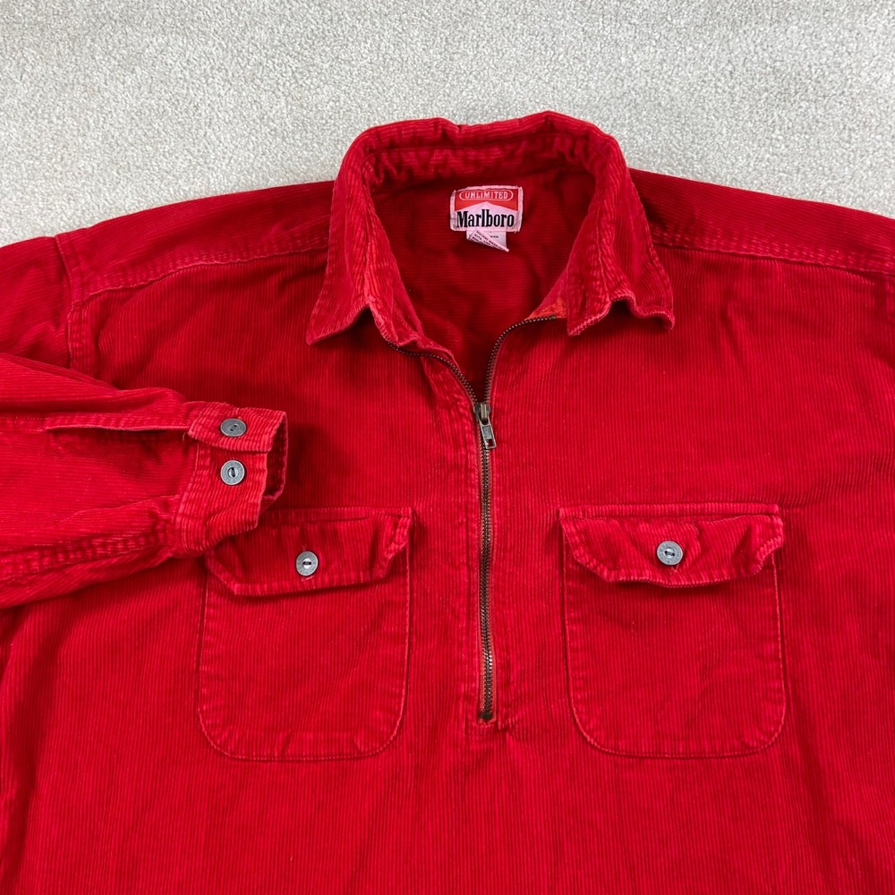 Vintage Marlboro Unlimited Pullover Mens Small Red Corduroy Quarter Zip Shirt